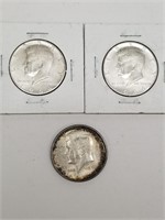 Three Kennedy Silver Half Dollars, 1964