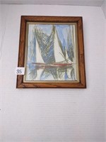 Antique oak frame, 9.25" x 10.75". Sailboat