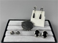 Sterling Silver Black Stone Earrings Brooch