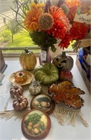Assorted Pumpkins, Silk Flowers and Vases