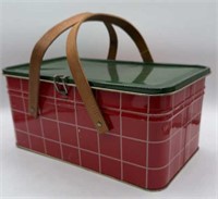 Vintage Plaid Picnic Basket with Wooden Handles