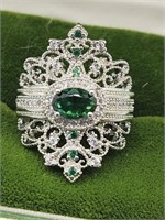 Sterling Queen Crown Halo Ring Green Zircon