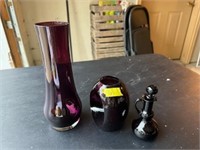 Vintage Ruby Red Vase, Perfume Holder, Purple Set