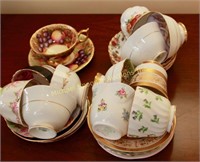 ELEVEN ENGLISH CUPS & SAUCERS - ONE SIGNED AYNSLEY