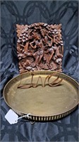 Carved Wood Asian Art, Brass tray and Live decor