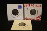 Lot of 3 Mercury Silver Dimes