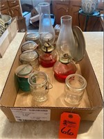 Box lot oil lamps, vintage Ball jars with lids
