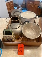 Box lot aluminum tea kettle, enamel pot with lid