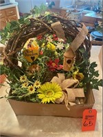 Box lot silk flower arrangements with wreath