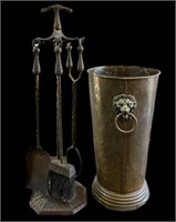 Brass Umbrella Stand / Cane Stand & Fireplace Set.