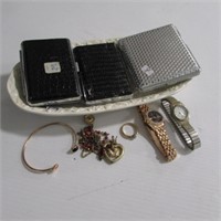 TRAY W/ CIG CASES 2 WATCHES & NECKLACE