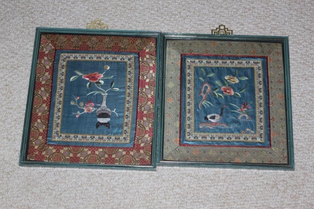 Pair of Chinese Framed Silk Panels