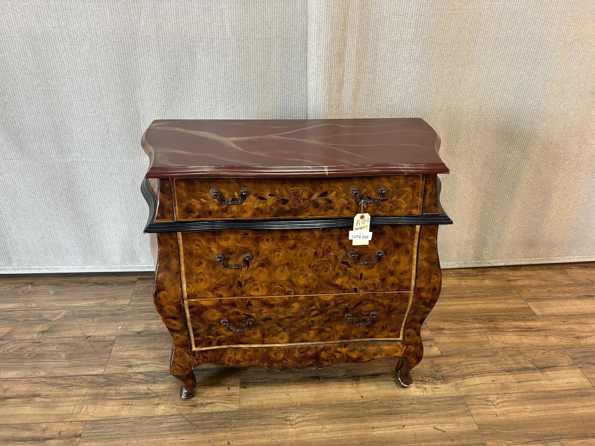 Burl Finish Painted Faux Marble Top Chest