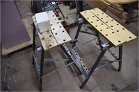 Two Folding Work Stands & Box of Pegs