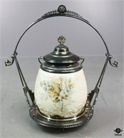 Porcelain Biscuit Jar w/Silver Plate Caddy