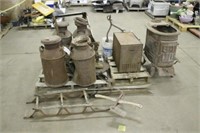 (4) MILK CANS WITH PALLET OF ASSORTED STOVE PARTS,