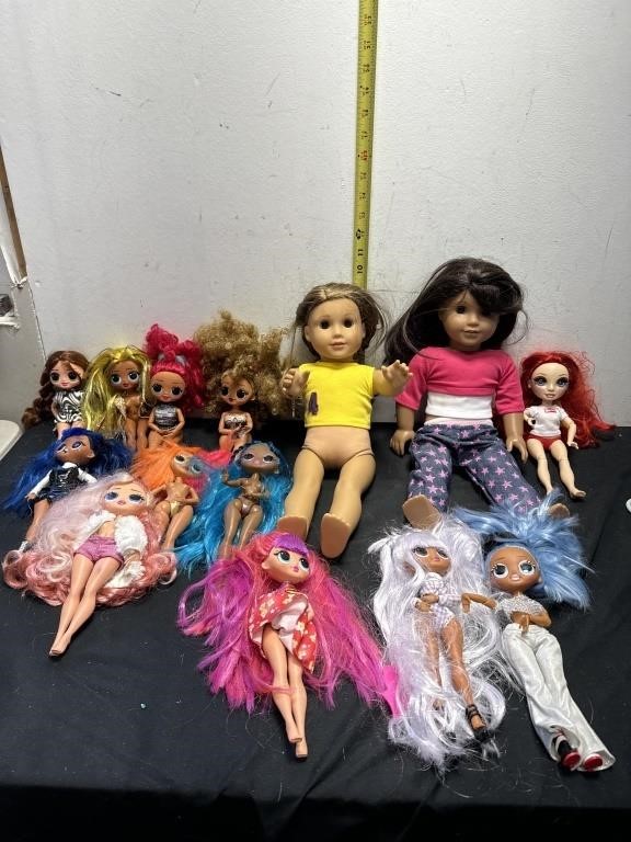 Lot of 2 American dolls and 12 smaller other