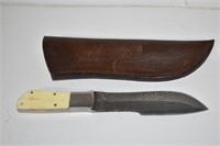 Damascus Hunting Knife 5 3/8" with Leather Sheath