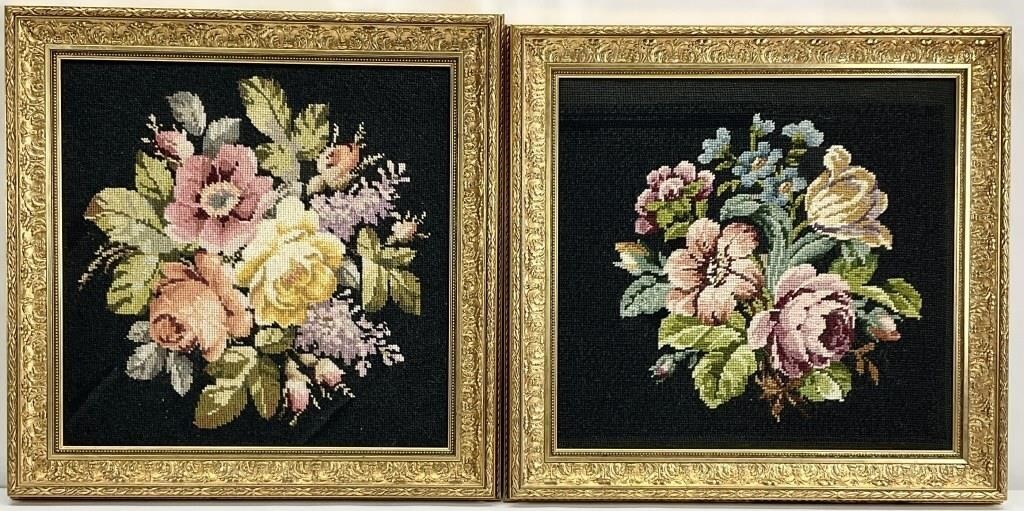 Pair Gold Framed Floral Needlepoint Wall Art