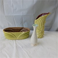 Redwing pottery- yellow/green bowl, vase +