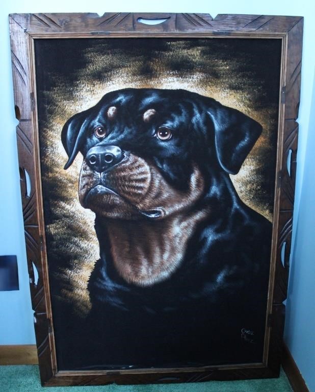 Vintage Velvet Rottweiler Dog Painting Signed