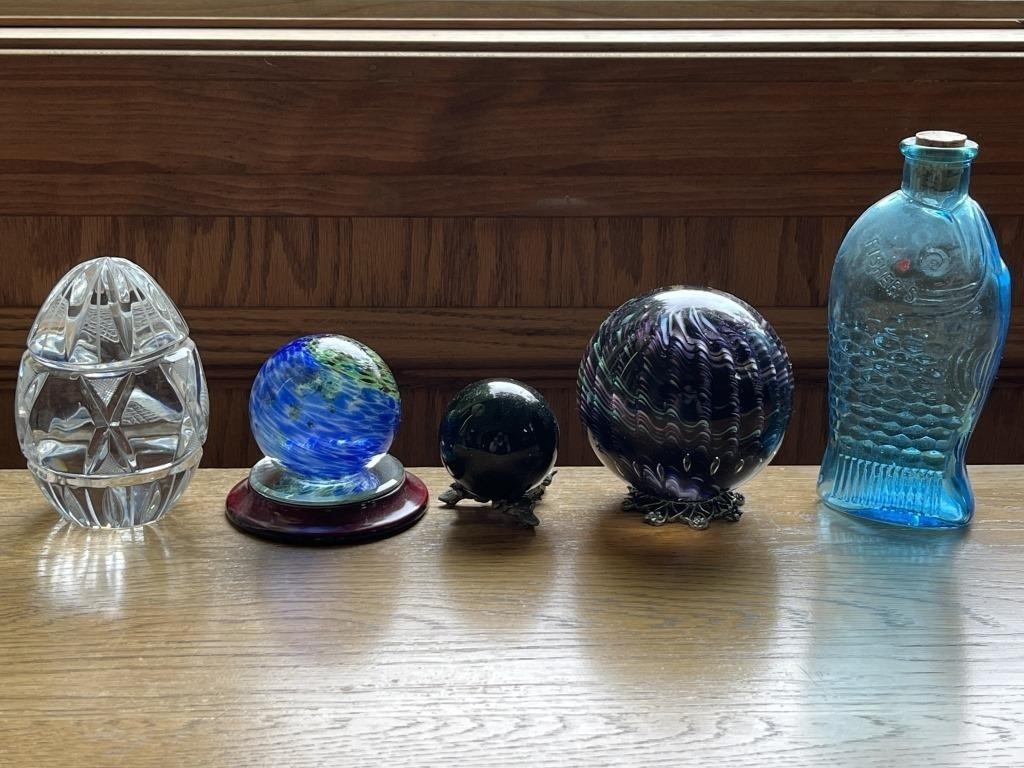 Three Glass Globes, Glass Paperweight & Bottle