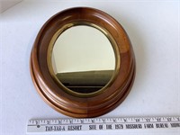 oval wood frame mirrow with brass inlay 14x12x2