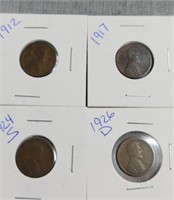 4 Wheat Pennies, 1912, 1917,1924-S & 1926-D