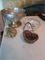 silver plated ice holder,glass bowl & items