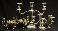 Four silver plated candelabra and 2 vases
