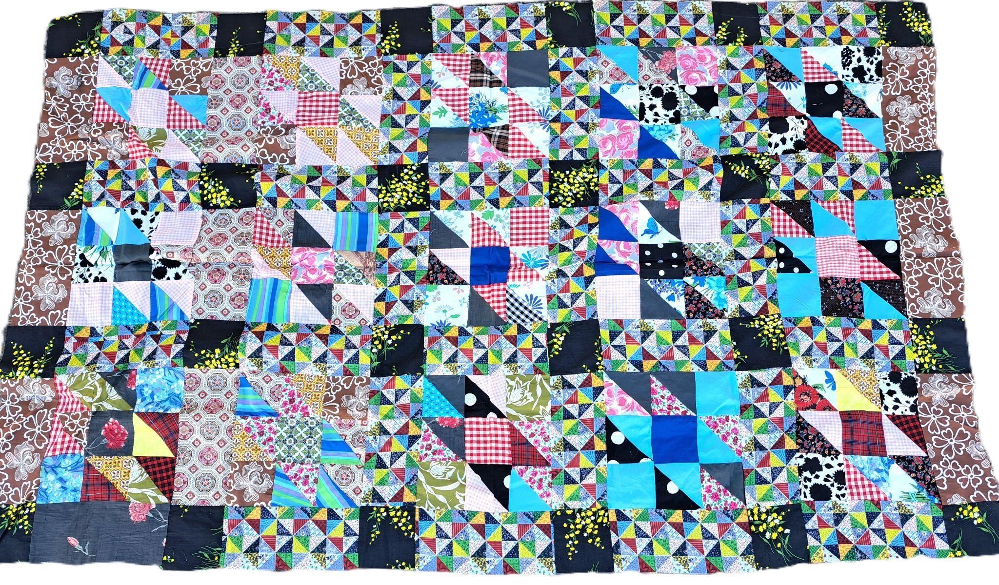VINTAGE HAND SEWN COLORFUL QUILT TOPPER 79" X 49"