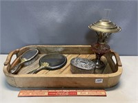 WOODEN TRAY WITH SILVER VANITY SMALLS & MORE