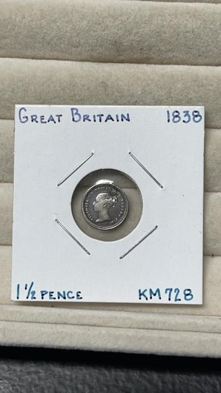 1838 Great Britain 1 1/2 Pence Silver Coin