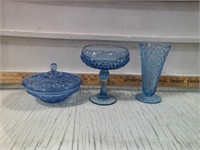 BLUE DISHED, VASE, CANDY DISHES