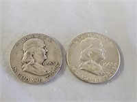 2 Benjamin Franklin Silver Half Dollar Coins