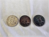 3 Benjamin Franklin Silver Half Dollar Coins