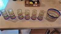 Rainbow glass tumbler, pitcher and bowl set.