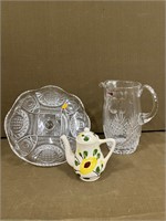 Glass Compote, Crystal Pitcher & Pottery Pitcher