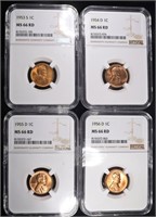 1953-S, 54-D, 55-D, 56-D LINCOLN CENTS NGC MS66 RD