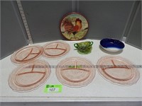 Pink depression glass plates, rooster plate, servi