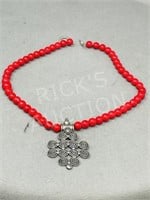 Tibetan Red Coral & silver pendant