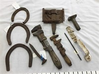 Vintage metal - horse shoes, pin, wrenches, door