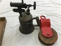 Brass blow torch, red wood barn pulley