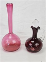 Etched glass ruby cruet, cranberry bulb Vase