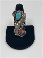 STERLING SIGNED WD TURQUOISE & CORAL SIZE 9