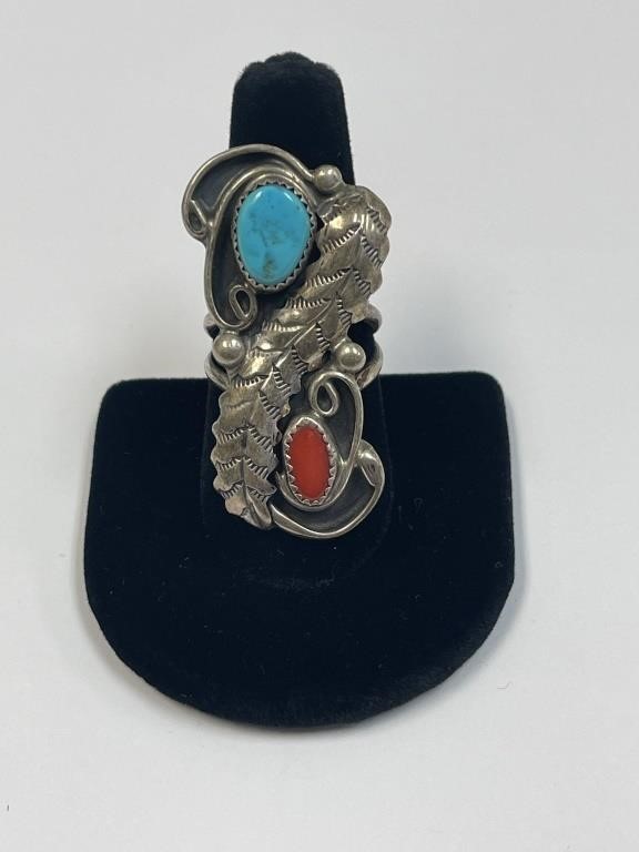 STERLING SIGNED WD TURQUOISE & CORAL SIZE 9