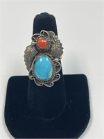 STERLING TURQUOISE & CORAL INDIAN JEWEWLRY SZ 6.5