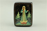 Russian Lacquer Box. Woman in Forest. Snow