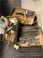 2 BOXES FILES, WORK LIGHT, MISC TOOL BOX