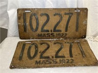 RARE 1922 MATCHING PAIR MASS. LICENSE